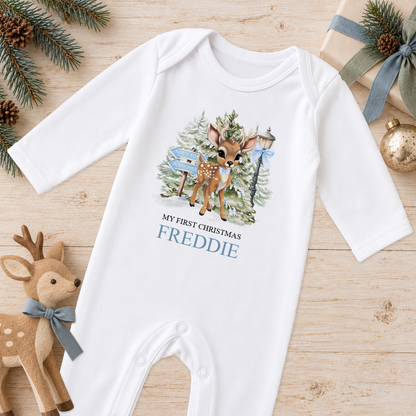Personalised North Pole Fawn Blue Bow baby Christmas sleepsuit with a custom name