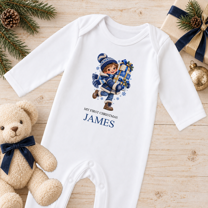 Personalised Boy with Presents baby Christmas sleepsuit with a custom name