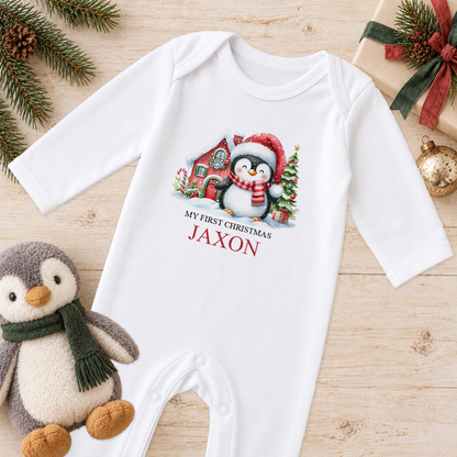 Personalised Santa Hat Penguin baby Christmas sleepsuit with a custom name
