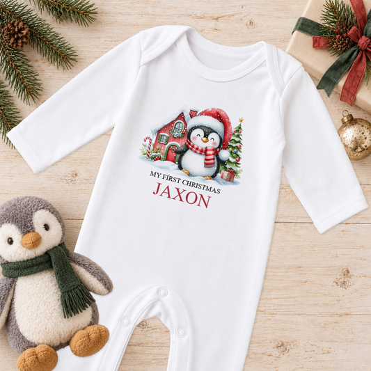 Personalised Santa Hat Penguin baby Christmas sleepsuit with a custom name