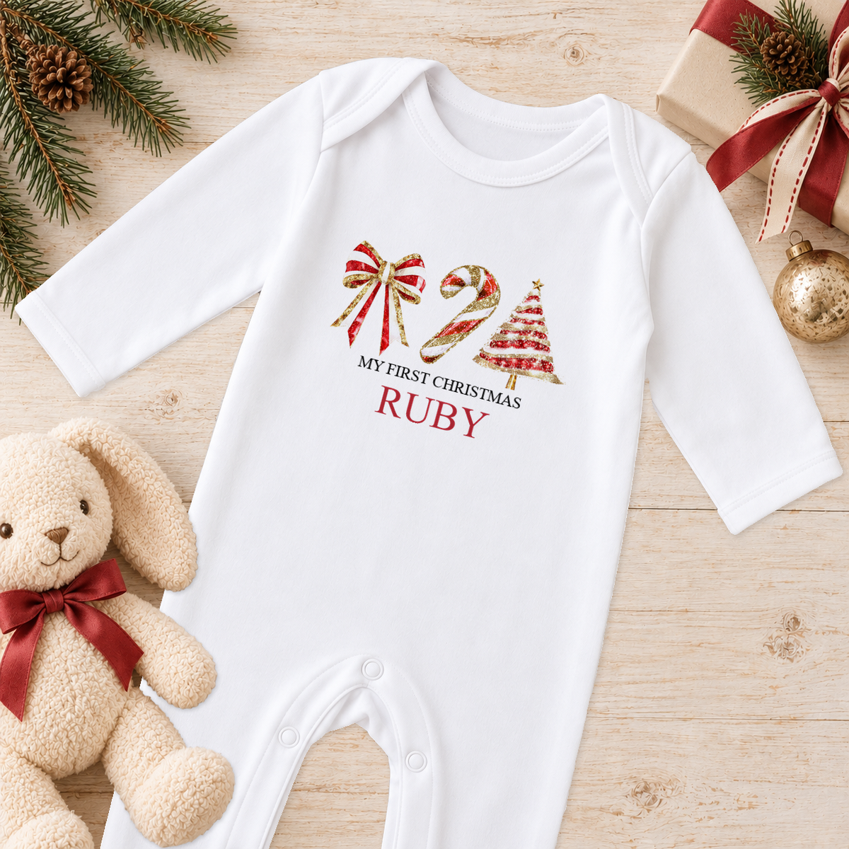 Personalised Bow, Candy Cane and Tree baby Christmas sleepsuit with a custom name