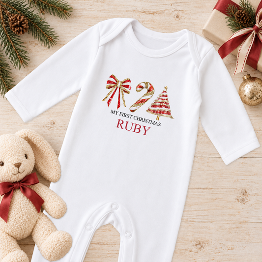 Personalised Bow, Candy Cane and Tree baby Christmas sleepsuit with a custom name