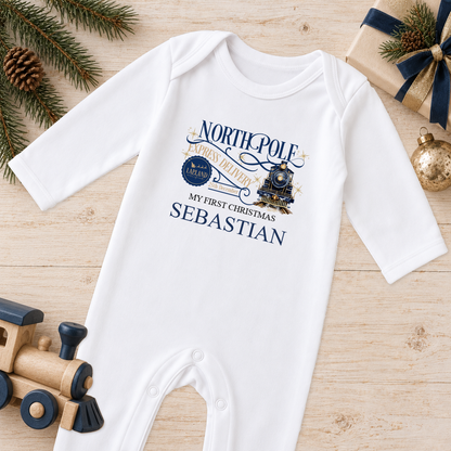 Personalised North Pole Express Navy Train baby Christmas sleepsuit with a custom name