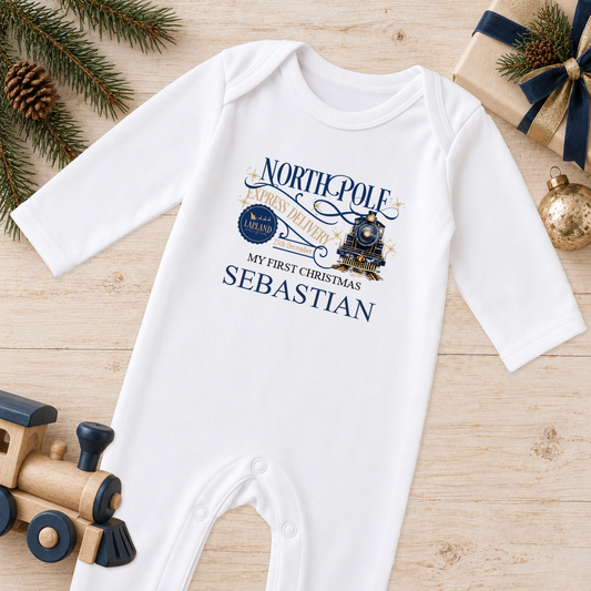 Personalised North Pole Express Navy Train baby Christmas sleepsuit with a custom name