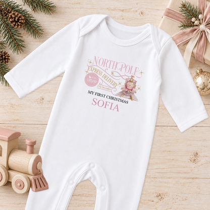 Personalised North Pole Express Pink Train baby Christmas sleepsuit with a custom name