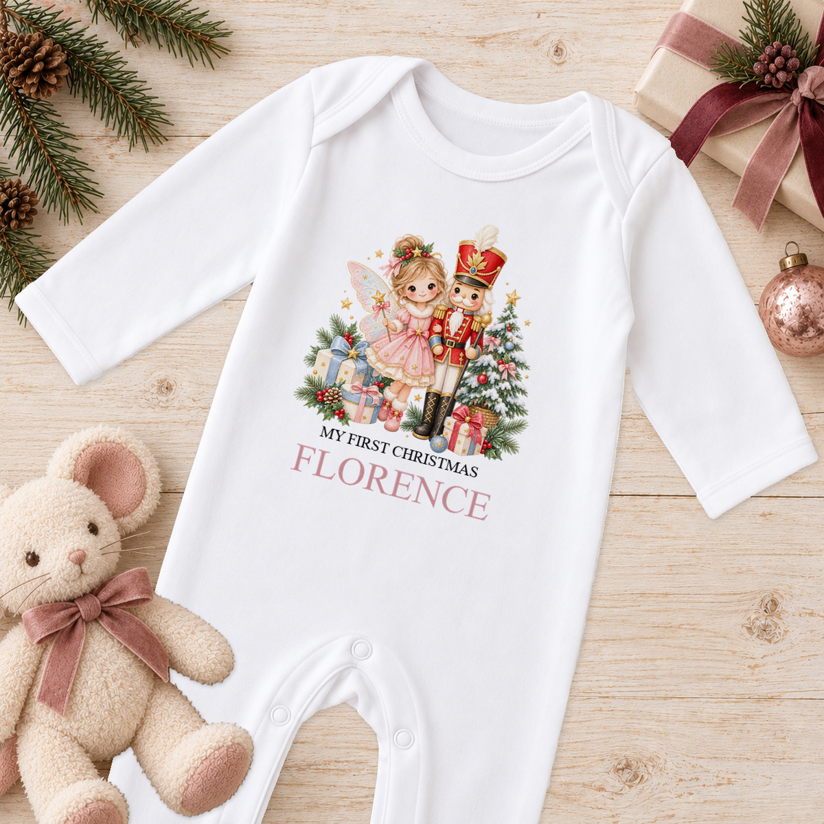 Personalised Fairy and Nutcracker baby Christmas sleepsuit with a custom name