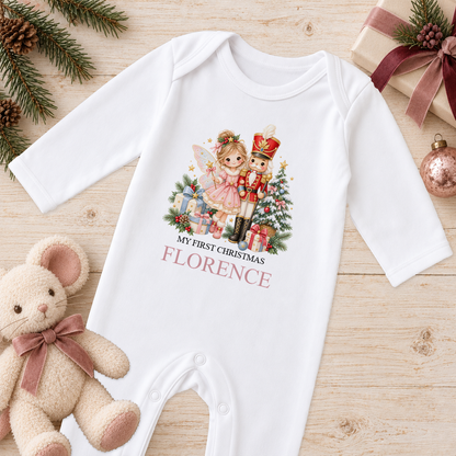 Personalised Fairy and Nutcracker baby Christmas sleepsuit with a custom name