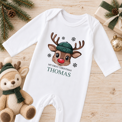 Personalised Reindeer Face Beanie baby Christmas sleepsuit with a custom name