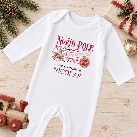 Personalised North Pole Express Santa Stamp baby Christmas sleepsuit with a custom name
