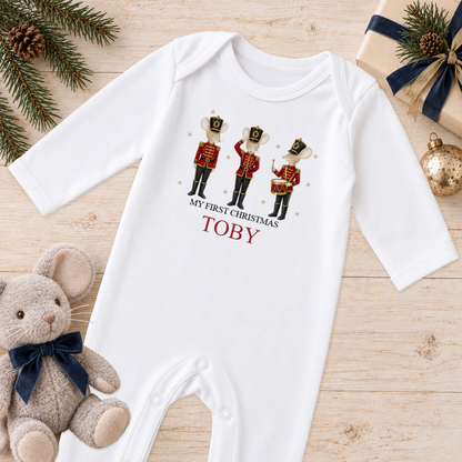 Personalised Nutcracker Mice baby Christmas sleepsuit with a custom name