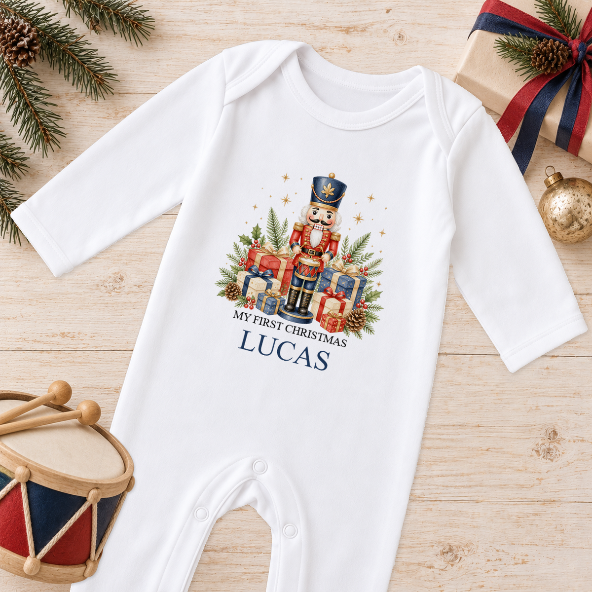 Personalised Nutcracker Drummer baby Christmas sleepsuit with a custom name