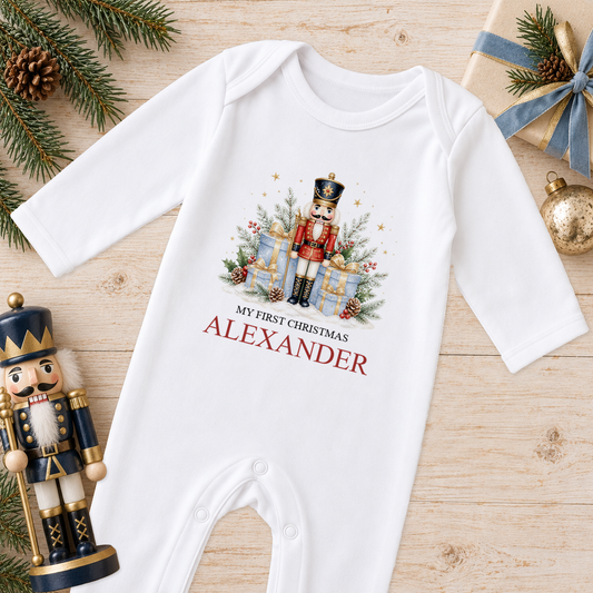 Personalised Nutcracker Soldier and Gifts baby Christmas sleepsuit with a custom name
