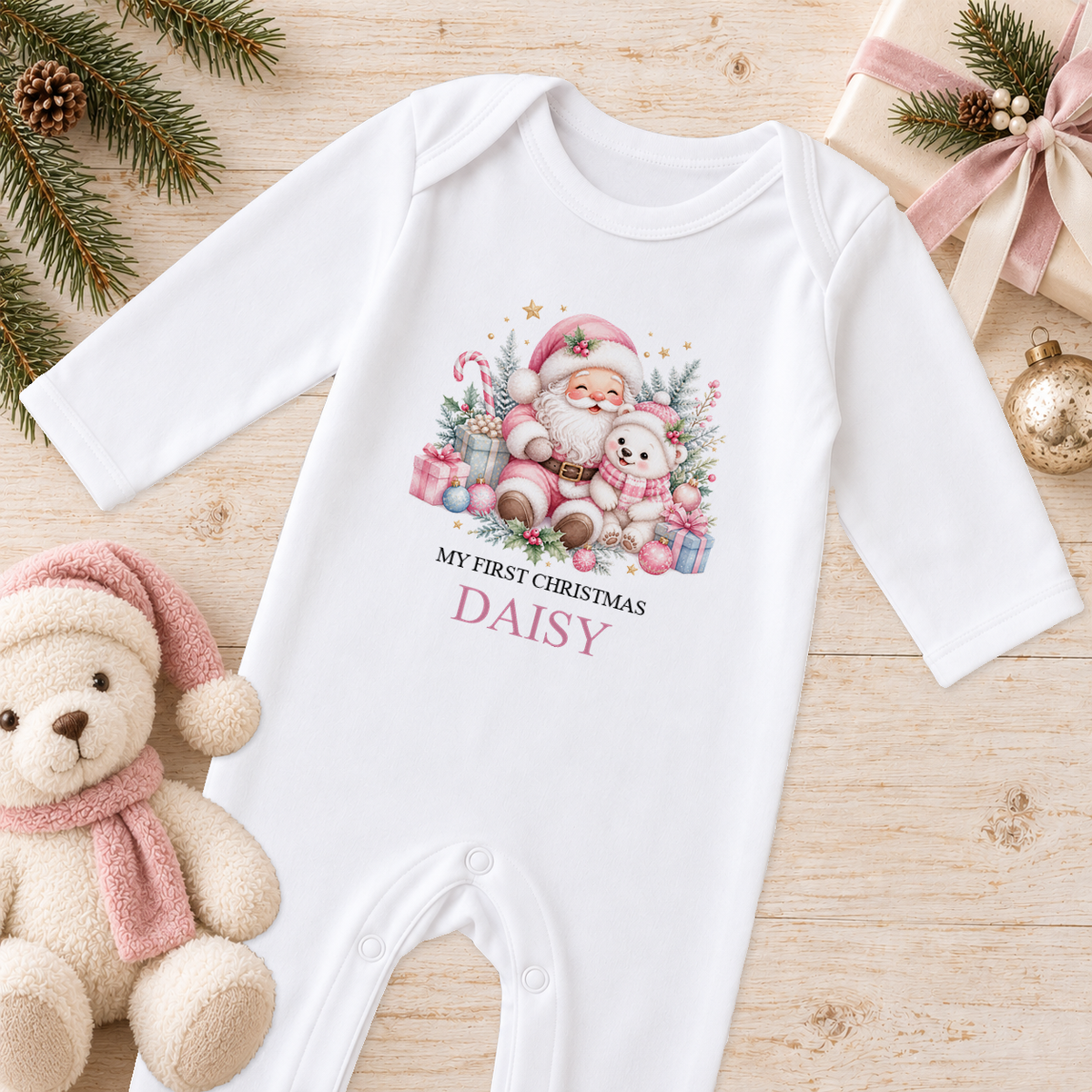 Personalised Pink Santa and Polar Bear baby Christmas sleepsuit with a custom name