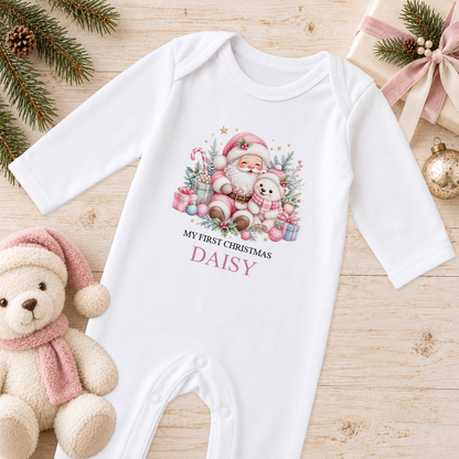 Personalised Pink Santa and Polar Bear baby Christmas sleepsuit with a custom name