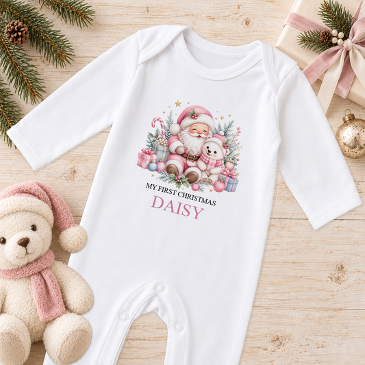 Personalised Pink Santa and Polar Bear baby Christmas sleepsuit with a custom name