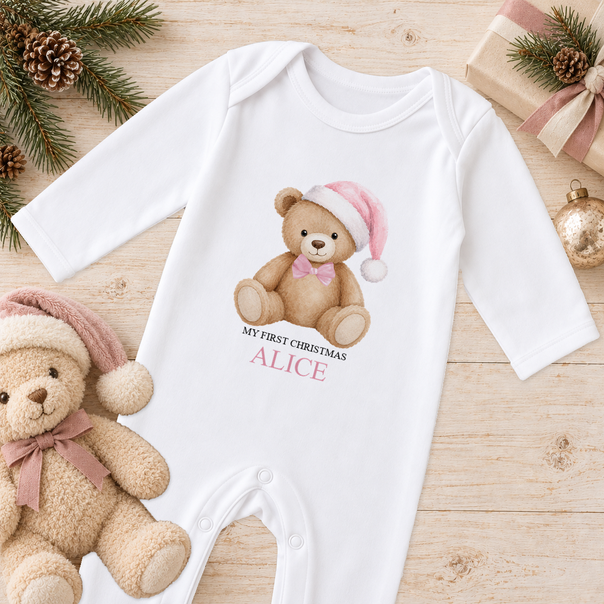 Personalised Pink Hat Teddy baby Christmas sleepsuit with a custom name