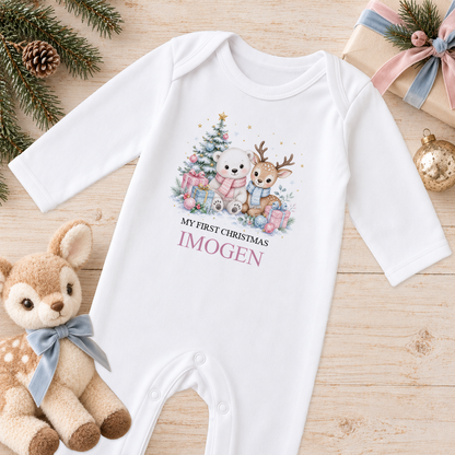 Personalised Polar Bear and Fawn Friends baby Christmas sleepsuit with a custom name