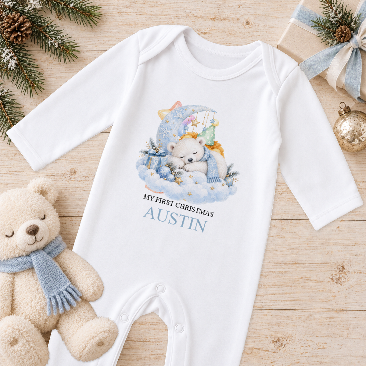 Personalised Sleepy Polar Bear baby Christmas sleepsuit with a custom name