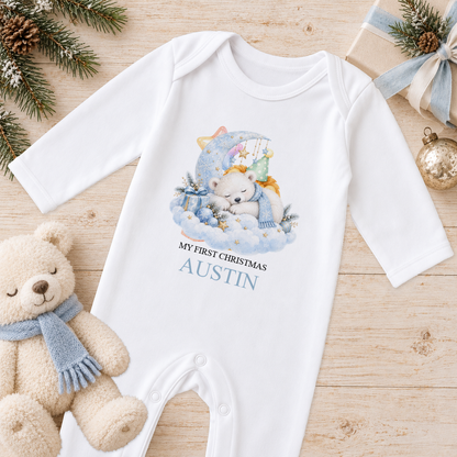 Personalised Sleepy Polar Bear baby Christmas sleepsuit with a custom name