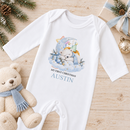 Personalised Sleepy Polar Bear baby Christmas sleepsuit with a custom name