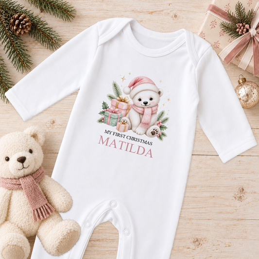 Personalised Polar Bear Cub Santa Hat baby Christmas sleepsuit with a custom name