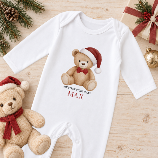 Personalised Classic Santa Hat Teddy baby Christmas sleepsuit with a custom name