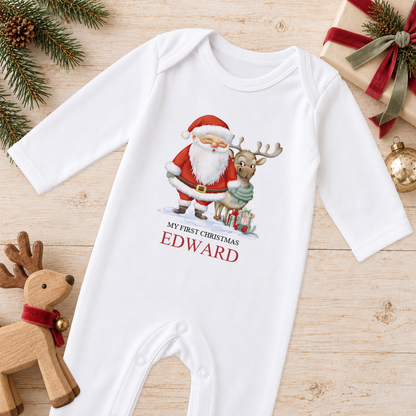 Personalised Santa and Reindeer baby Christmas sleepsuit with a custom name