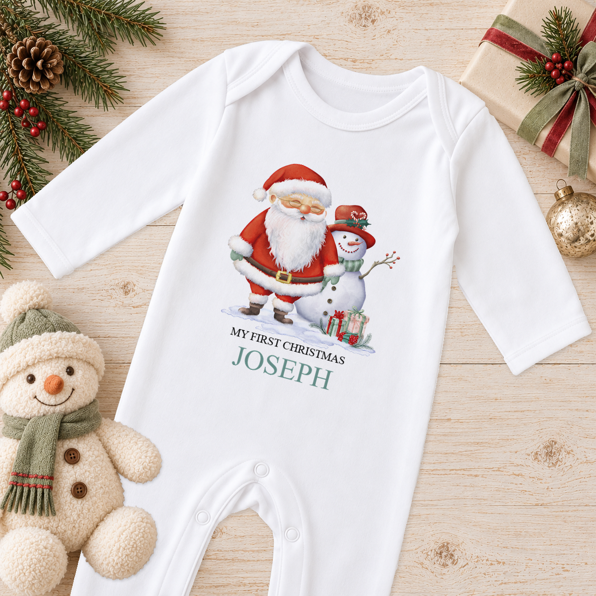 Personalised Santa and Snowman baby Christmas sleepsuit with a custom name