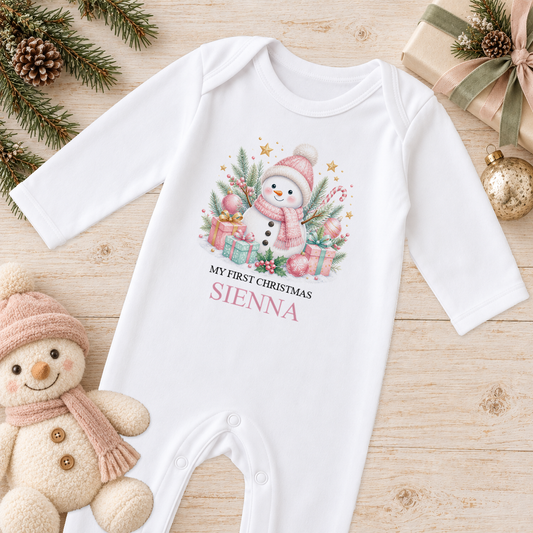 Personalised Pink Snowman baby Christmas sleepsuit with a custom name