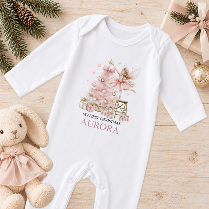 Personalised Sugar Plum Fairy baby Christmas sleepsuit with a custom name