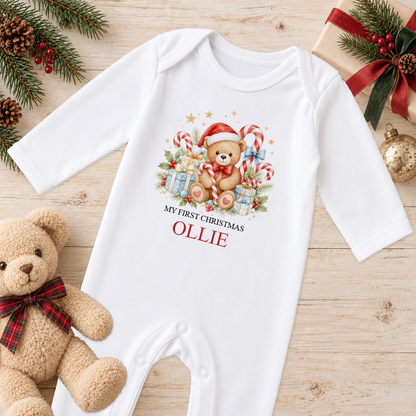 Personalised Candy Cane Teddy baby Christmas sleepsuit with a custom name