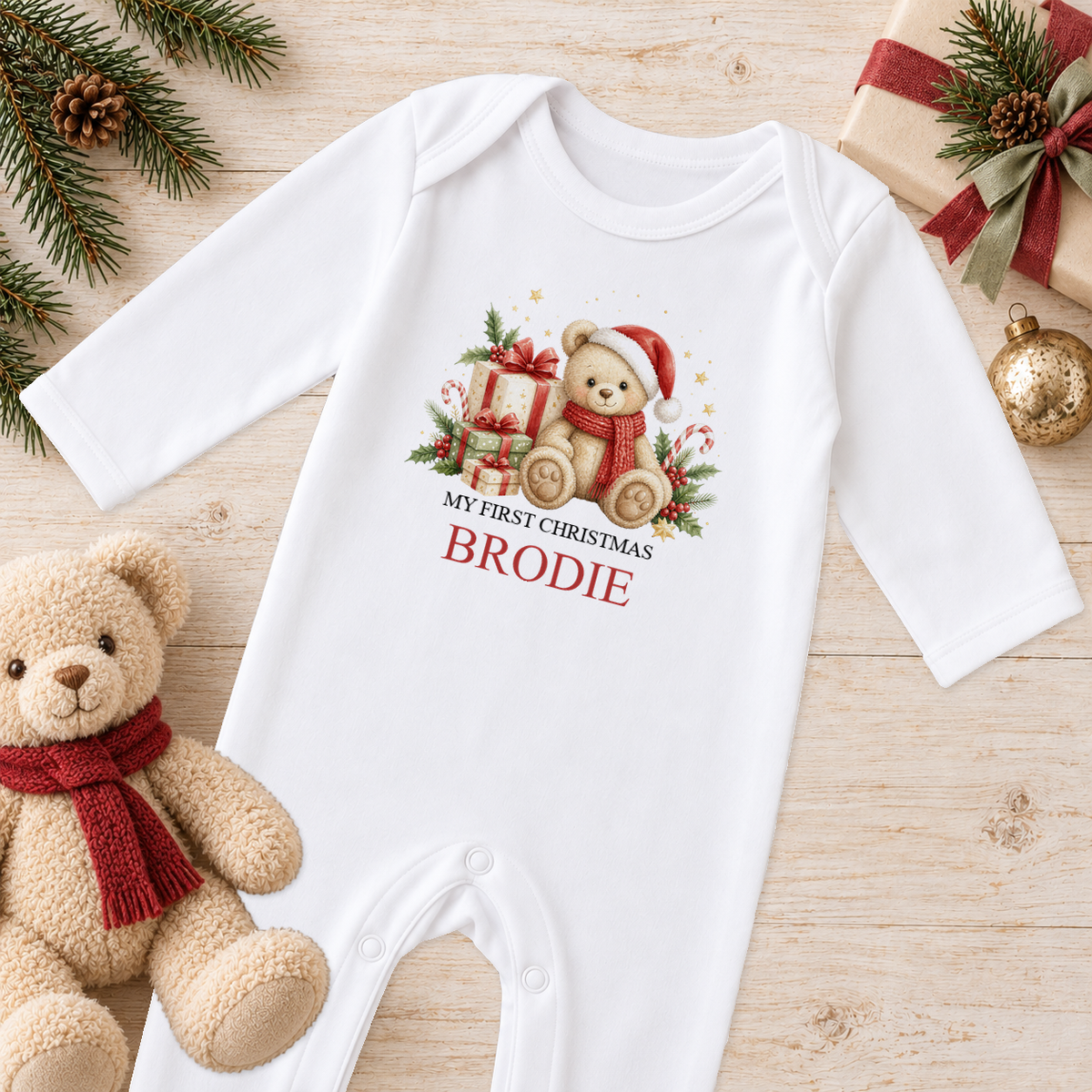 Personalised Cosy Scarf Teddy baby Christmas sleepsuit with a custom name