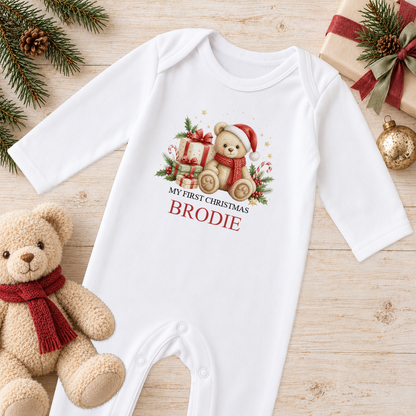 Personalised Cosy Scarf Teddy baby Christmas sleepsuit with a custom name