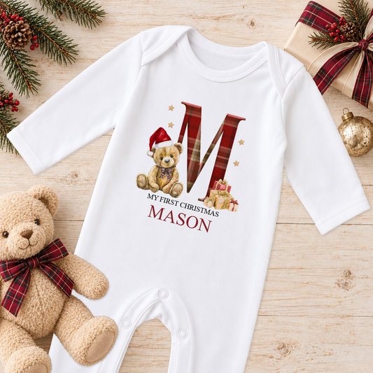 Personalised Tartan Initial Teddy baby Christmas sleepsuit with a custom name