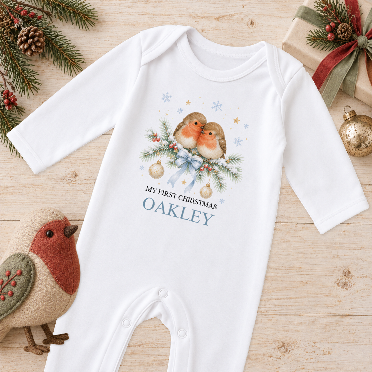 Personalised Two Robins baby Christmas sleepsuit with a custom name