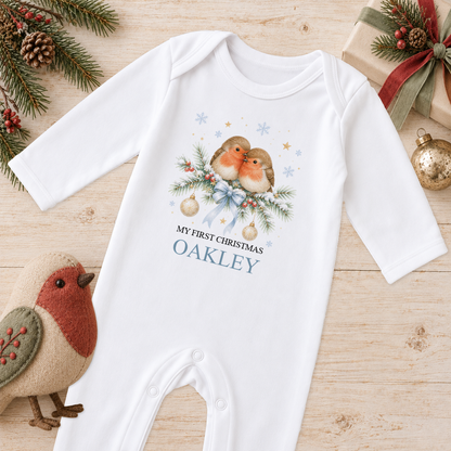 Personalised Two Robins baby Christmas sleepsuit with a custom name