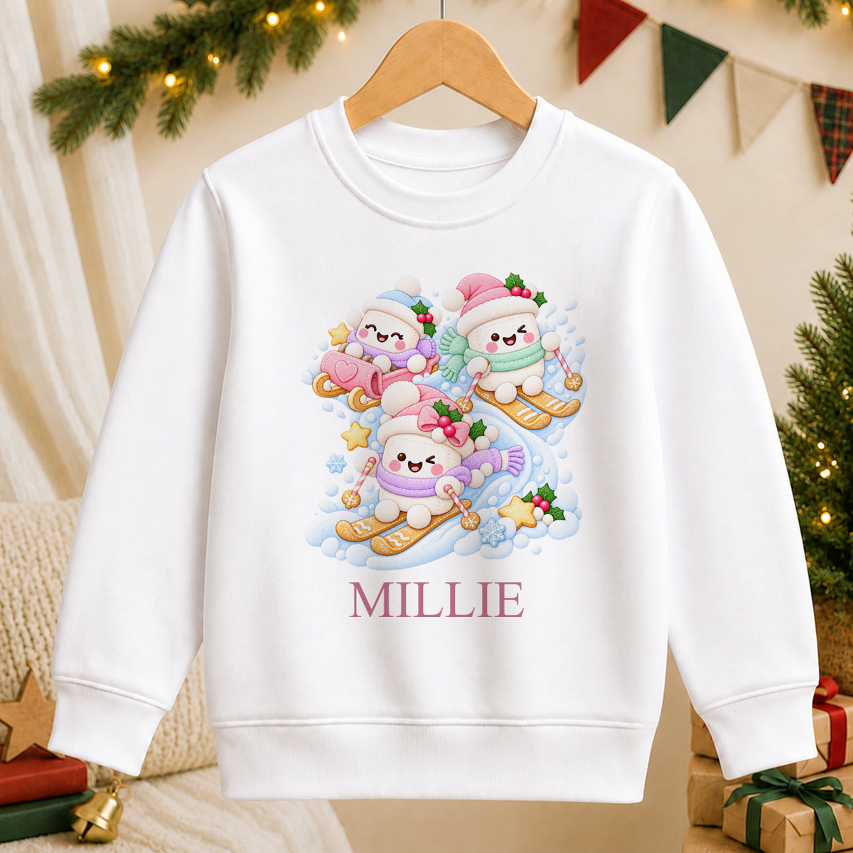 Personalised Snowman Ski Day kids Christmas sweatshirt in white with a custom name