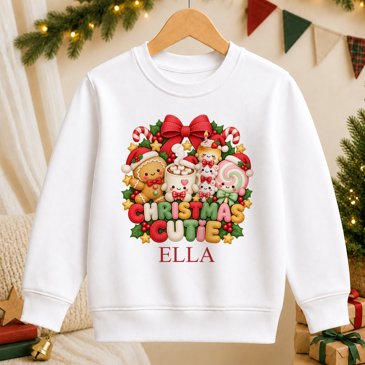 Personalised Christmas Cutie kids Christmas sweatshirt in white with a custom name