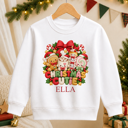 Personalised Christmas Cutie kids Christmas sweatshirt in white with a custom name