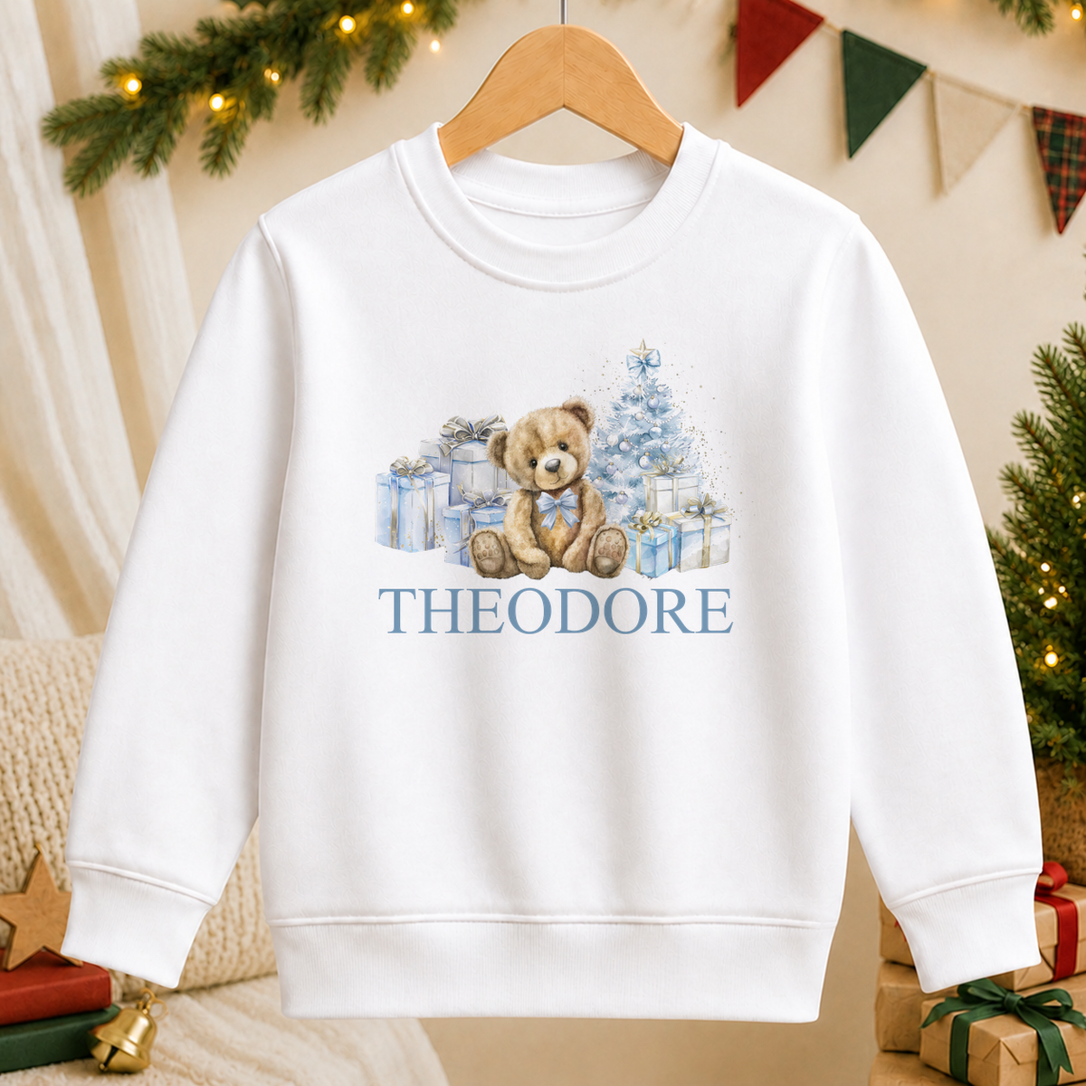 Personalised Blue Teddy and Presents kids Christmas sweatshirt in white with a custom name
