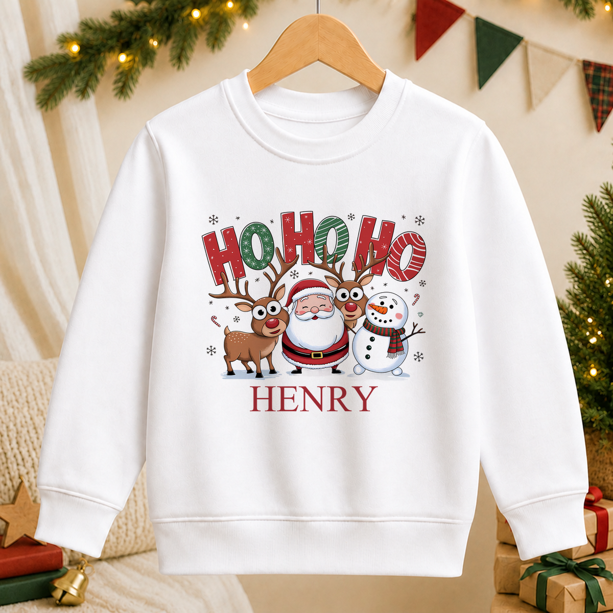 Personalised Ho Ho Ho kids Christmas sweatshirt in white with a custom name