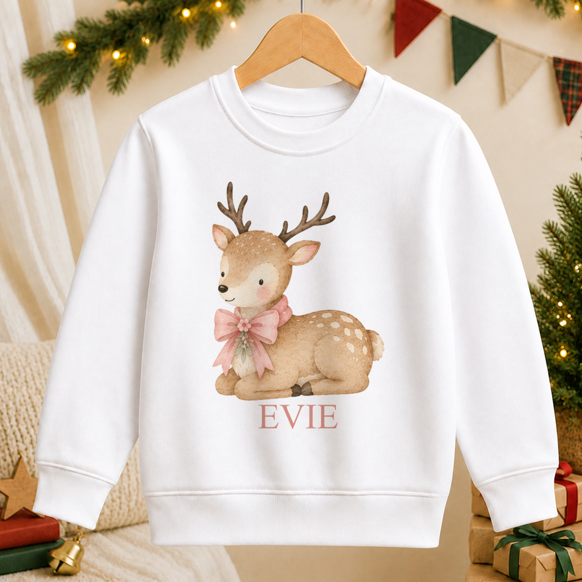 Personalised Sweet Fawn kids Christmas sweatshirt in white with a custom name