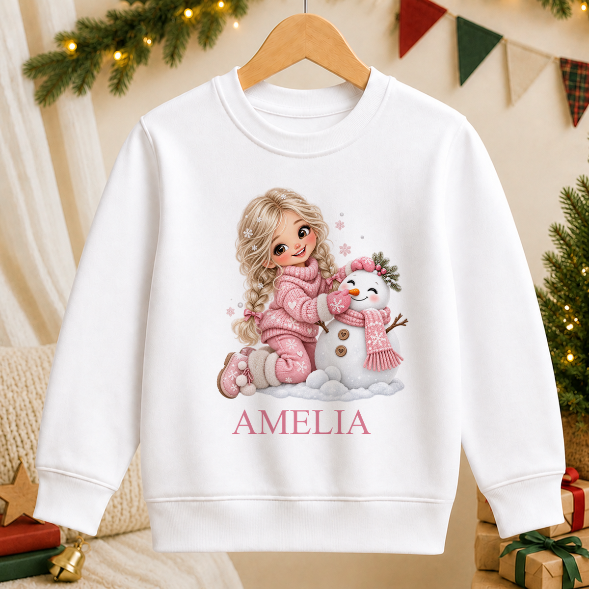 Personalised Blonde Girl and Snowman kids Christmas sweatshirt in white with a custom name