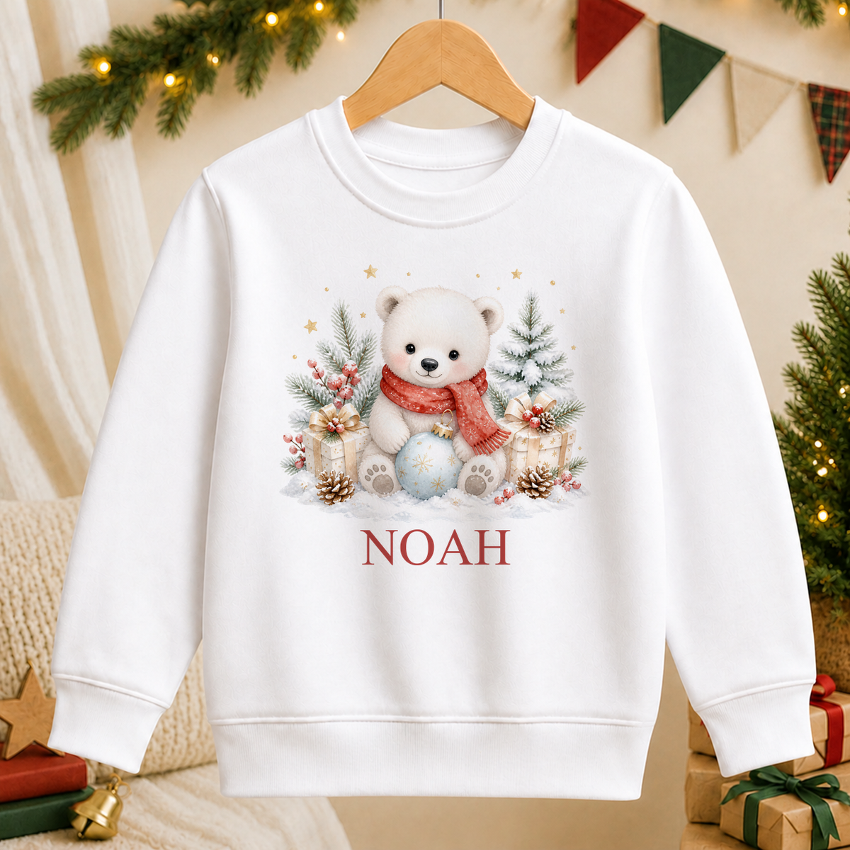 Personalised Polar Bear in Red Scarf kids Christmas sweatshirt in white with a custom name