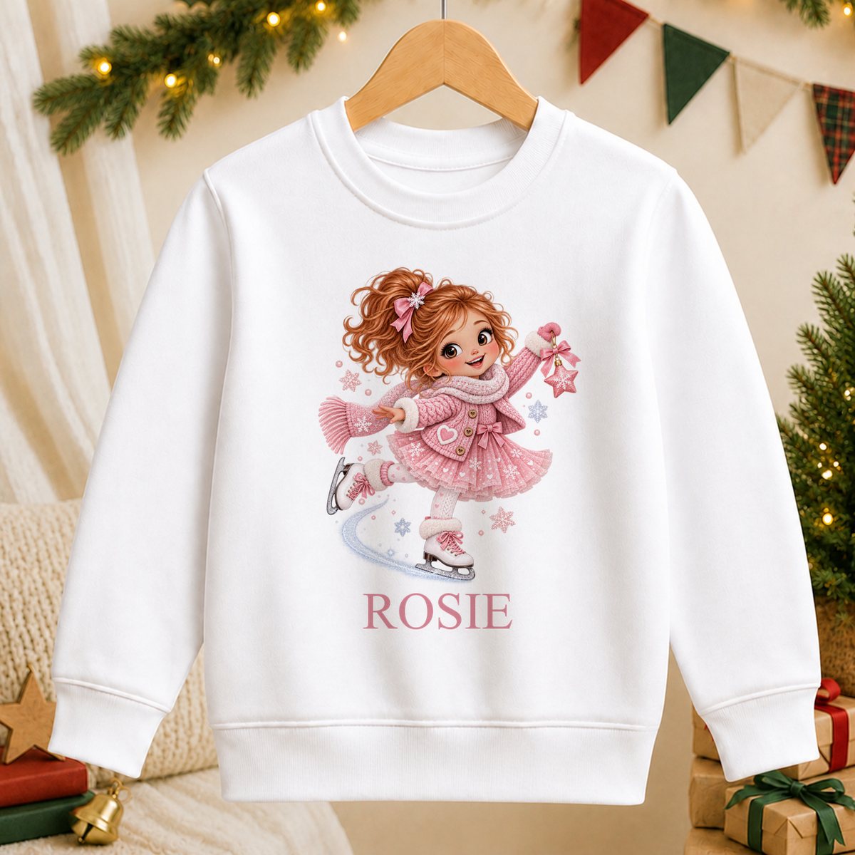 Personalised Ice Skating Girl kids Christmas sweatshirt in white with a custom name