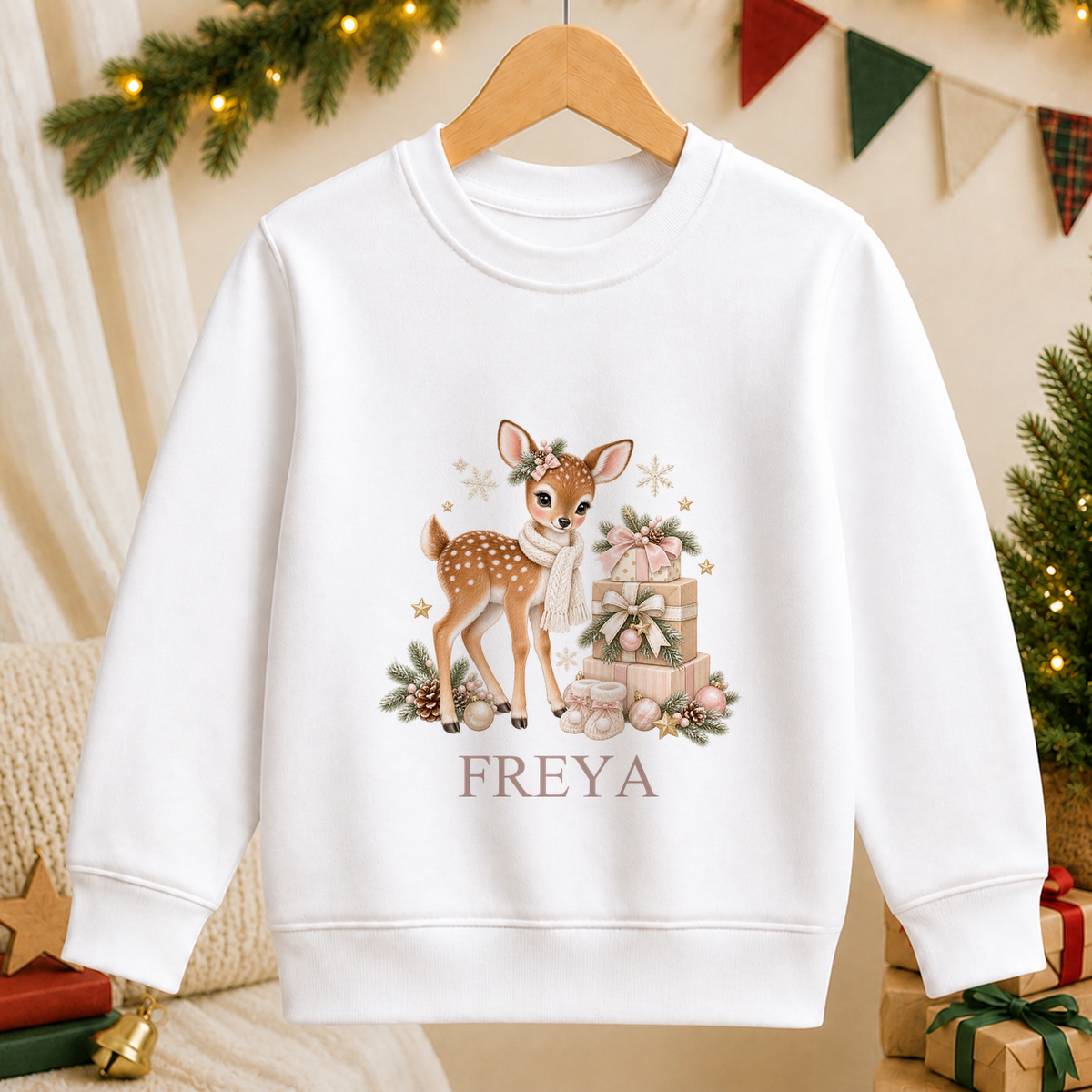 Personalised Fawn and Gift Stack kids Christmas sweatshirt in white with a custom name