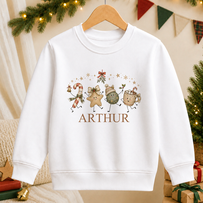 Personalised Festive Friends kids Christmas sweatshirt in white with a custom name