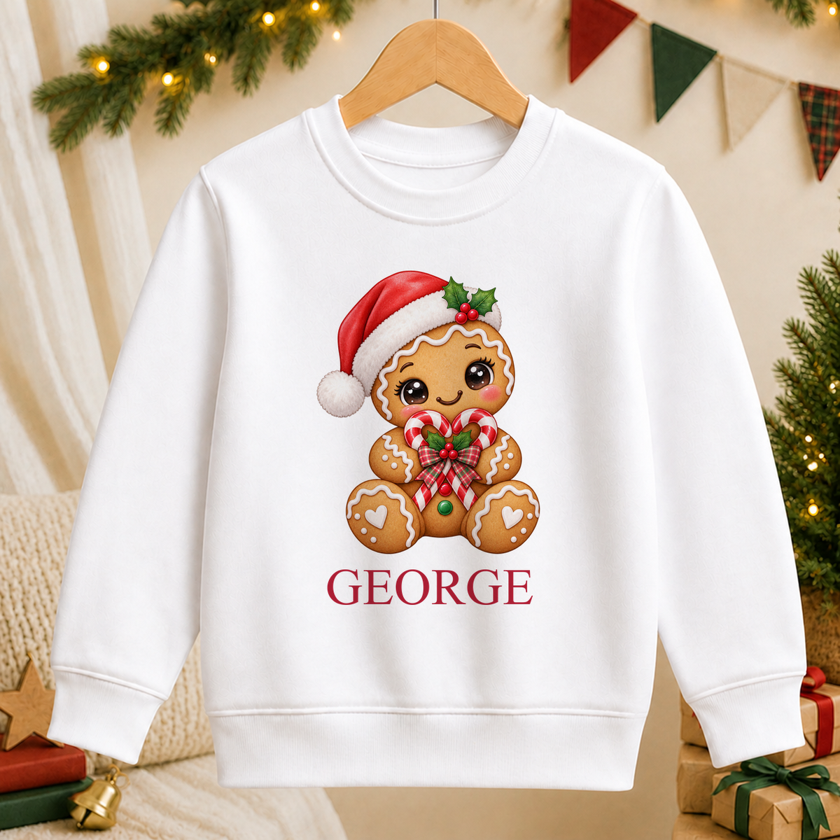 Personalised Gingerbread Candy Cane Heart kids Christmas sweatshirt in white with a custom name