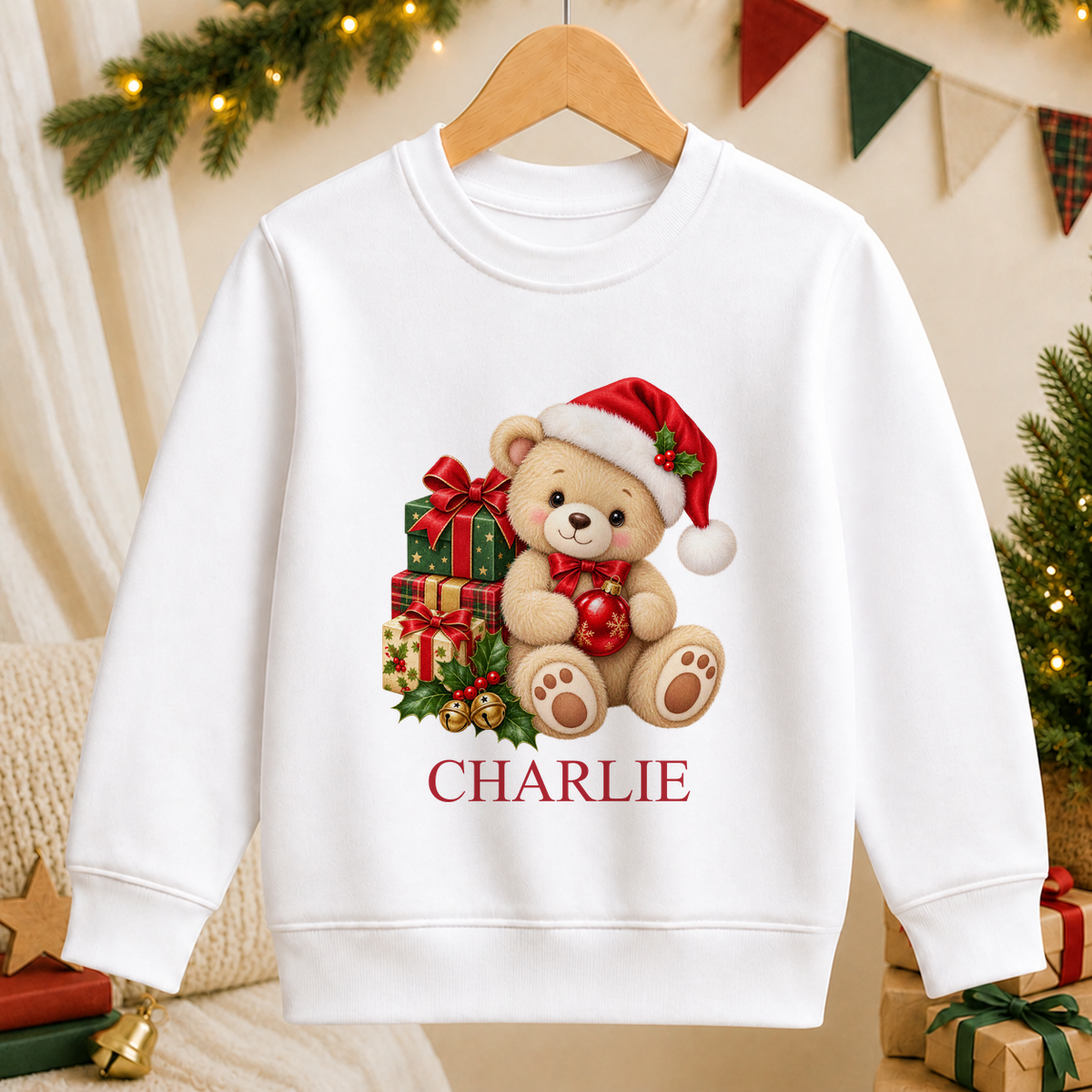 Personalised Teddy with Presents kids Christmas sweatshirt in white with a custom name