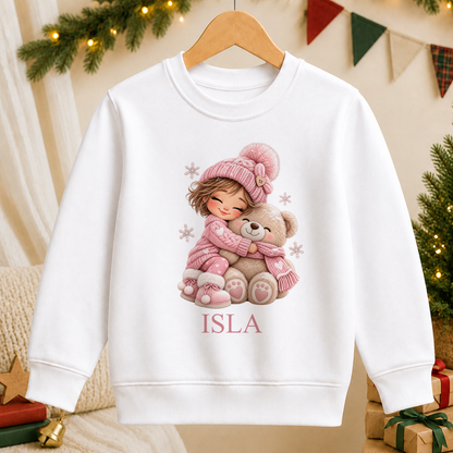Personalised Girl Hugging Teddy kids Christmas sweatshirt in white with a custom name